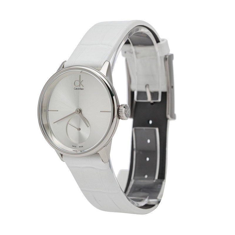 Calvin Klein K2y231k6 watch from side angle showing white strap and silver case