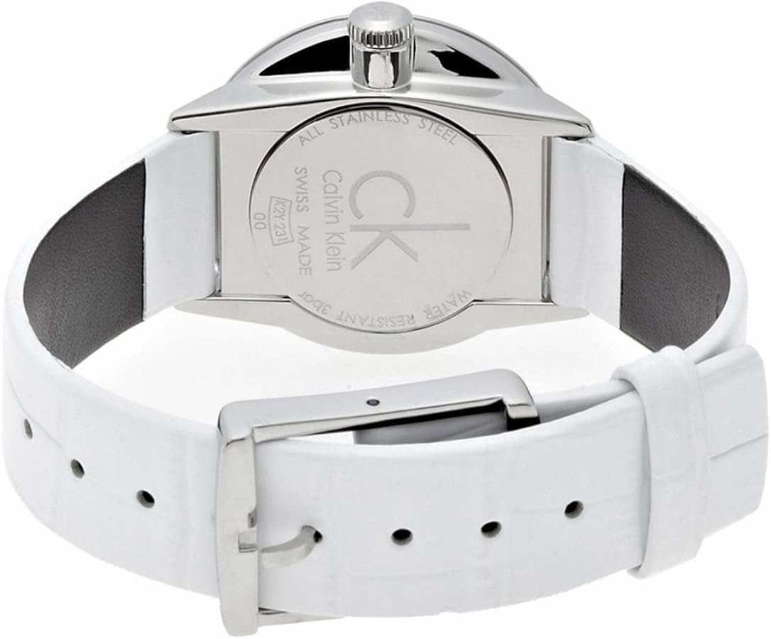 Calvin Klein K2y231k6 watch caseback with engraved branding and white strap