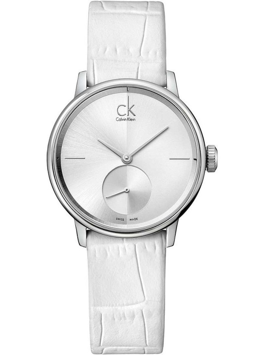 Calvin Klein K2y231k6 women's watch with silver case, white dial, and white leather strap