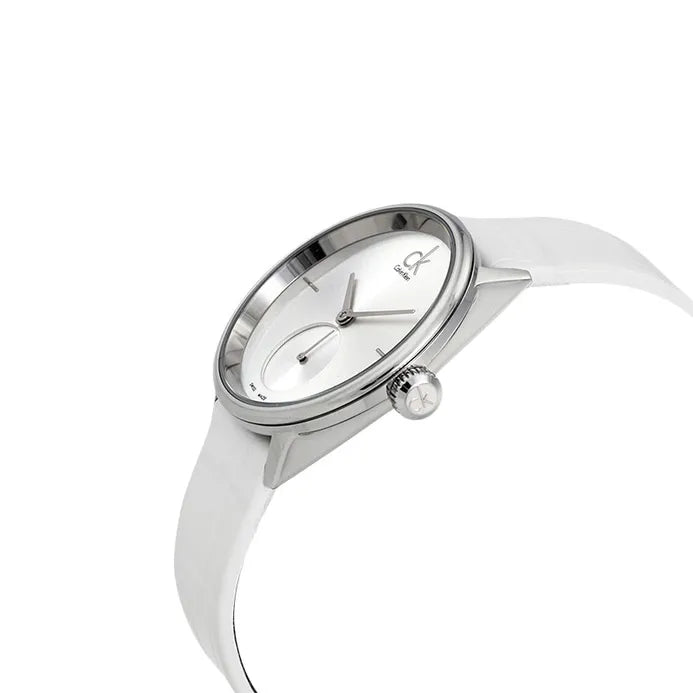 Calvin Klein K2y231k6 women's watch worn on wrist with white leather strap