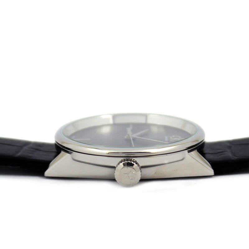 Calvin Klein K2Y2Y1CU watch at angle showing silver case and black leather strap detail
