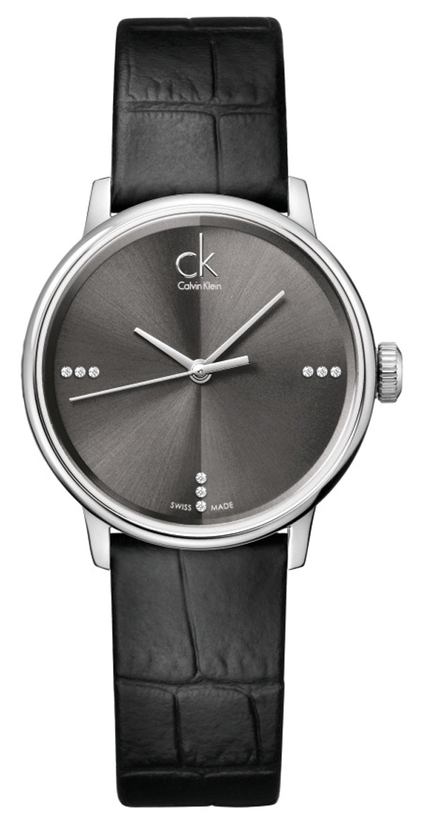 Calvin Klein K2Y2Y1CU women's watch with grey dial and black leather strap
