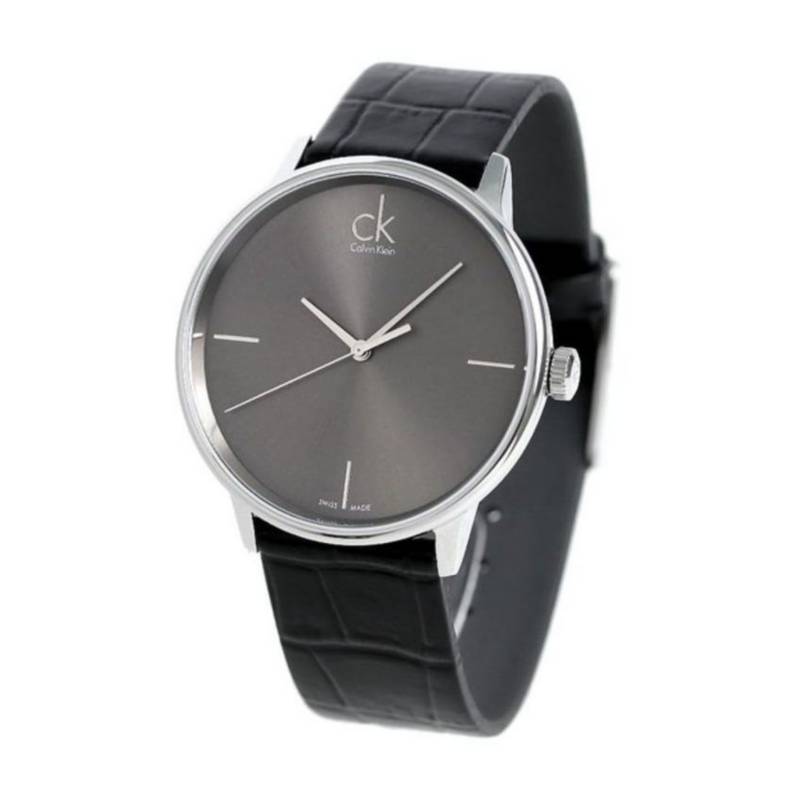 Calvin Klein K2Y2Y1CU watch on wrist showing grey dial and black crocodile leather strap