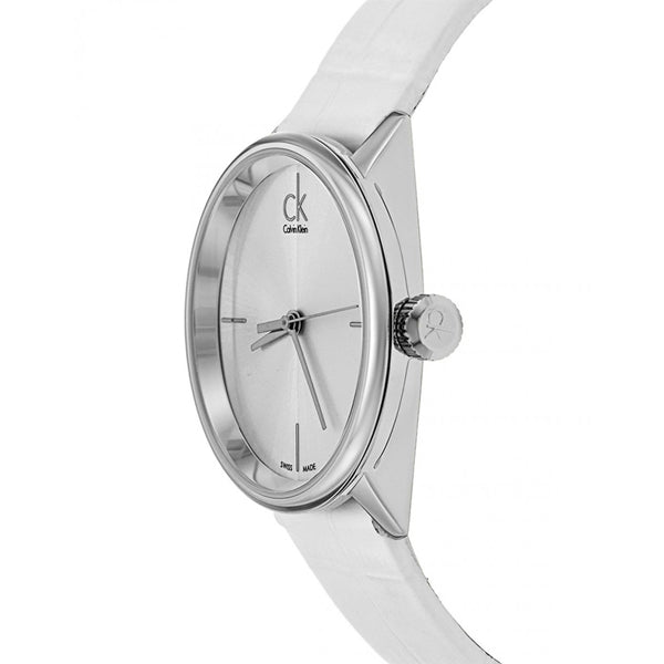 Calvin Klein Accent watch side profile showing case thickness and white leather strap