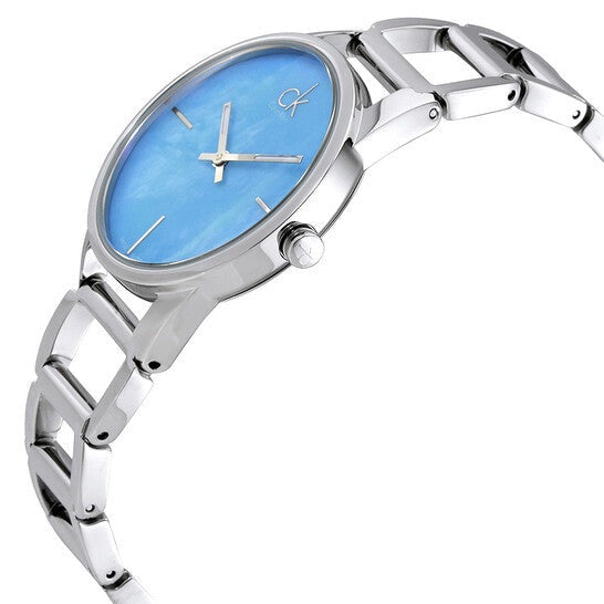 Calvin Klein K3G2312N watch angled view showing blue dial and silver bracelet
