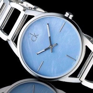 Calvin Klein K3G2312N watch close-up detail of blue mother of pearl dial