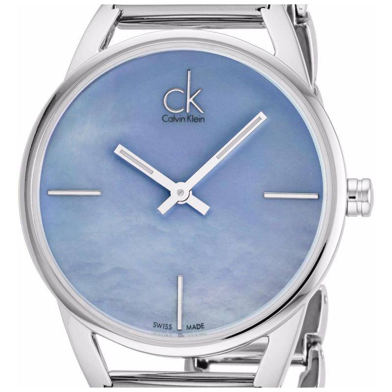 Calvin Klein K3G2312N dial detail showing mother of pearl texture and silver markers