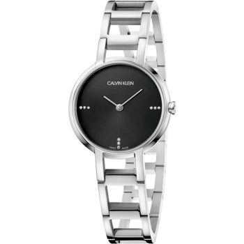 Calvin Klein women's quartz watch with black dial and articulated stainless steel bracelet