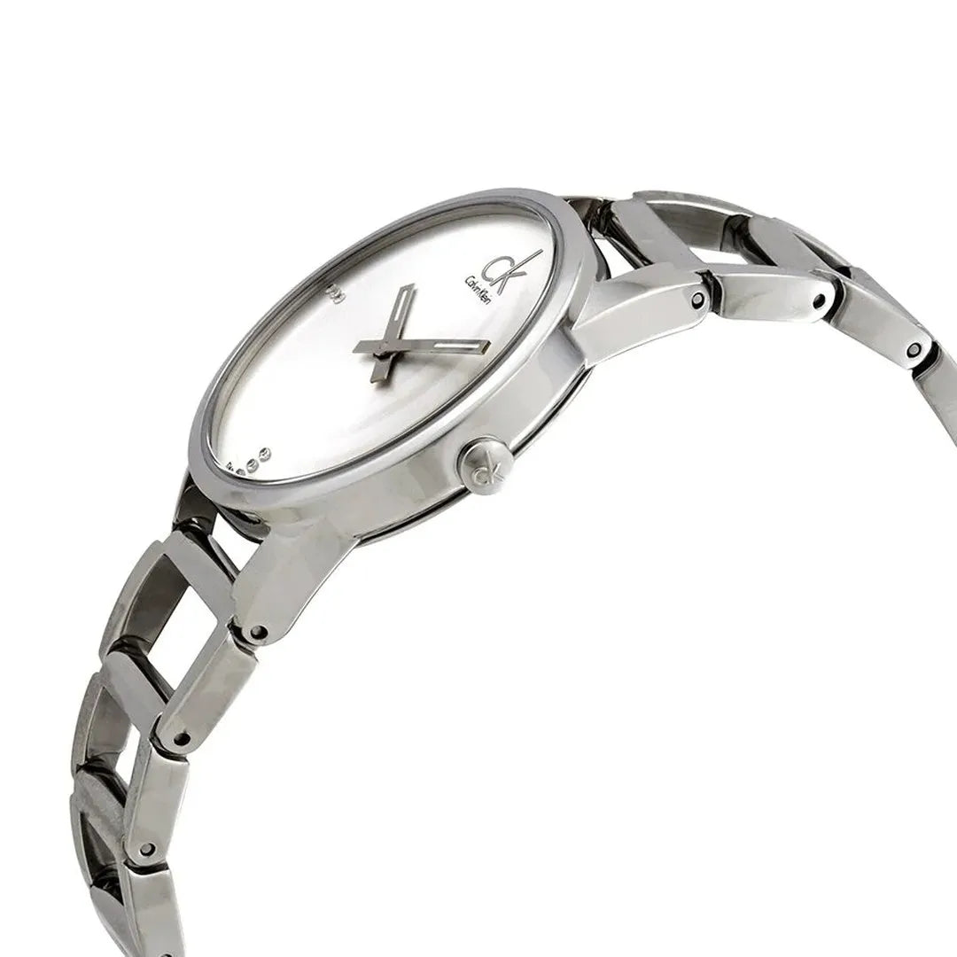 Calvin Klein K3G2312W ladies watch side view showing dial, crown, and metal bracelet