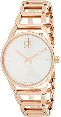 Calvin Klein Stately women's watch angle view with rose gold steel strap and white face