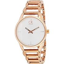 Calvin Klein Stately watch angled view showing rose gold finish and white dial