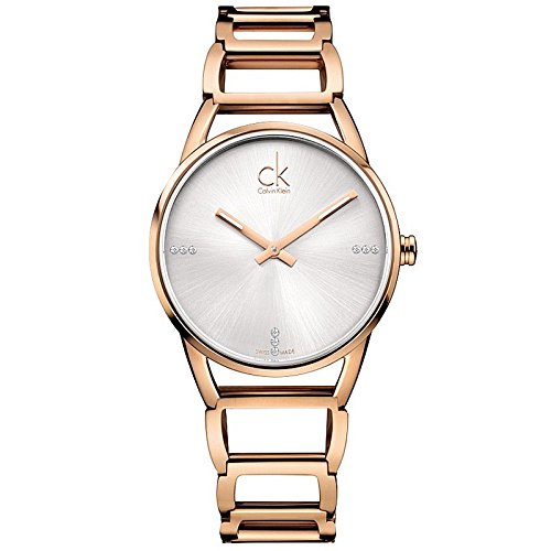 Calvin Klein Stately watch front view with white sunburst dial and rose gold steel bracelet