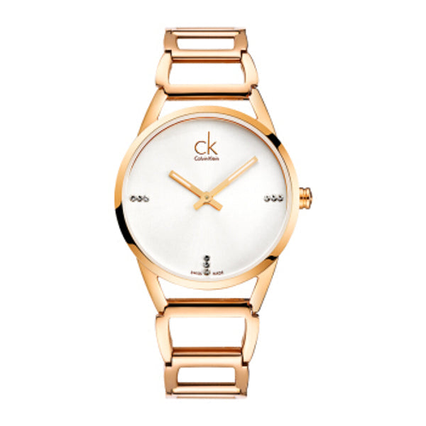 Calvin Klein Stately women's watch with white dial, rose gold case and bracelet