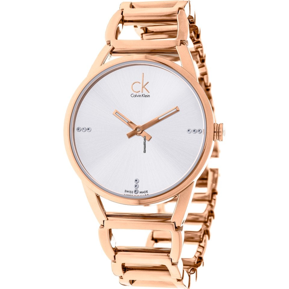 Calvin Klein Stately women's watch front display with rose gold case and white dial