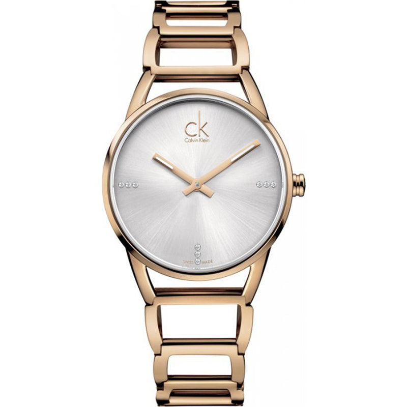Calvin Klein Stately women's watch with white dial, rose gold strap, and simple hour markers