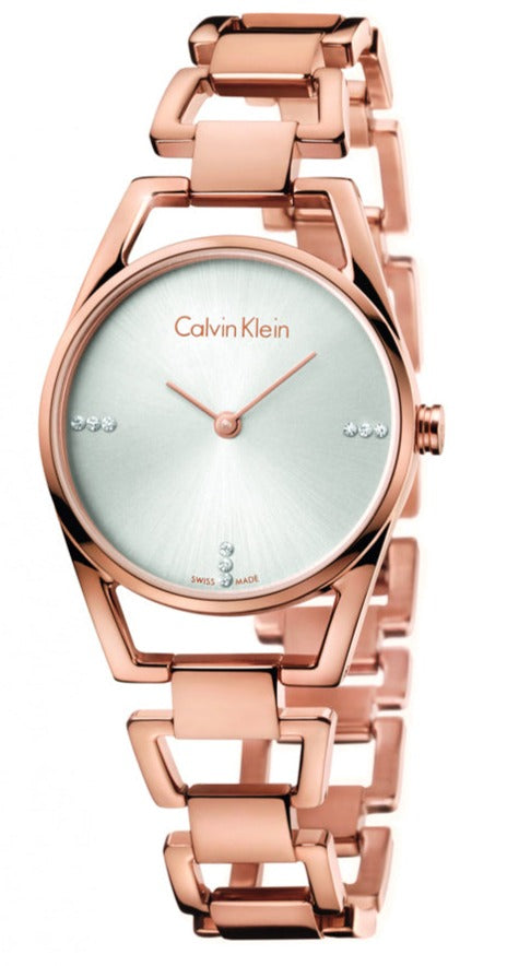 Calvin Klein Stately watch in rose gold with white dial, shown from side angle