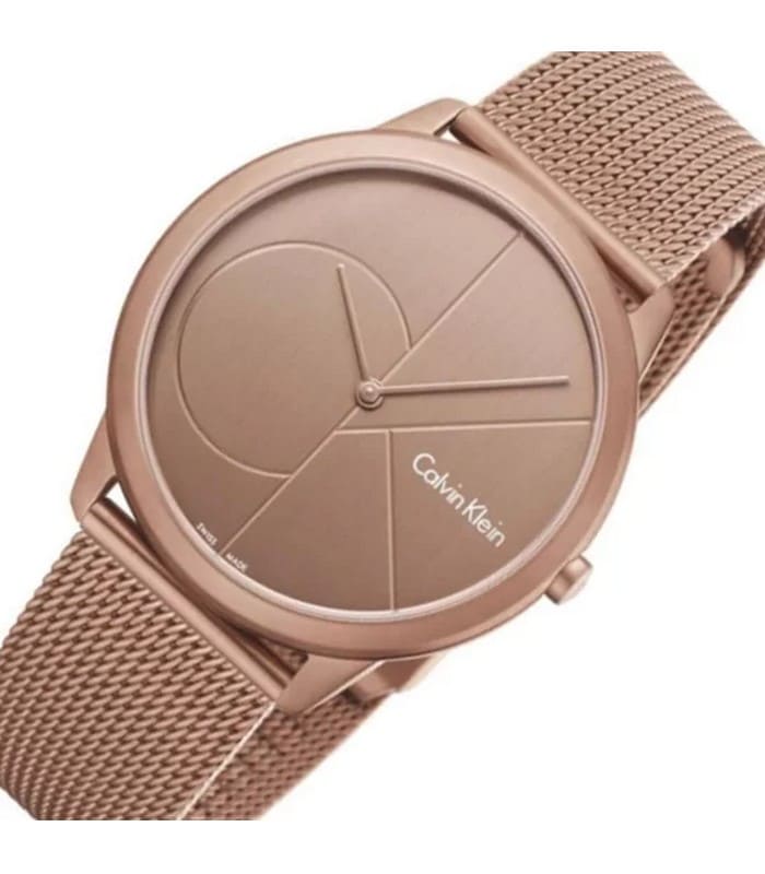 Calvin Klein Minimal K3M11TFK pink gold mesh watch worn display angle