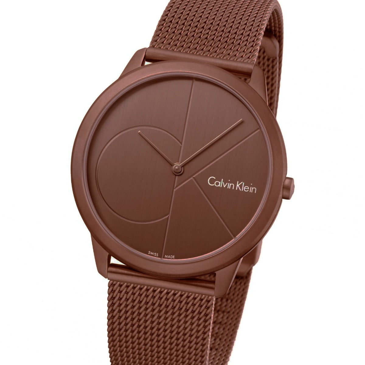Calvin Klein K3M11TFK pink gold watch at angle showing mesh bracelet and dial