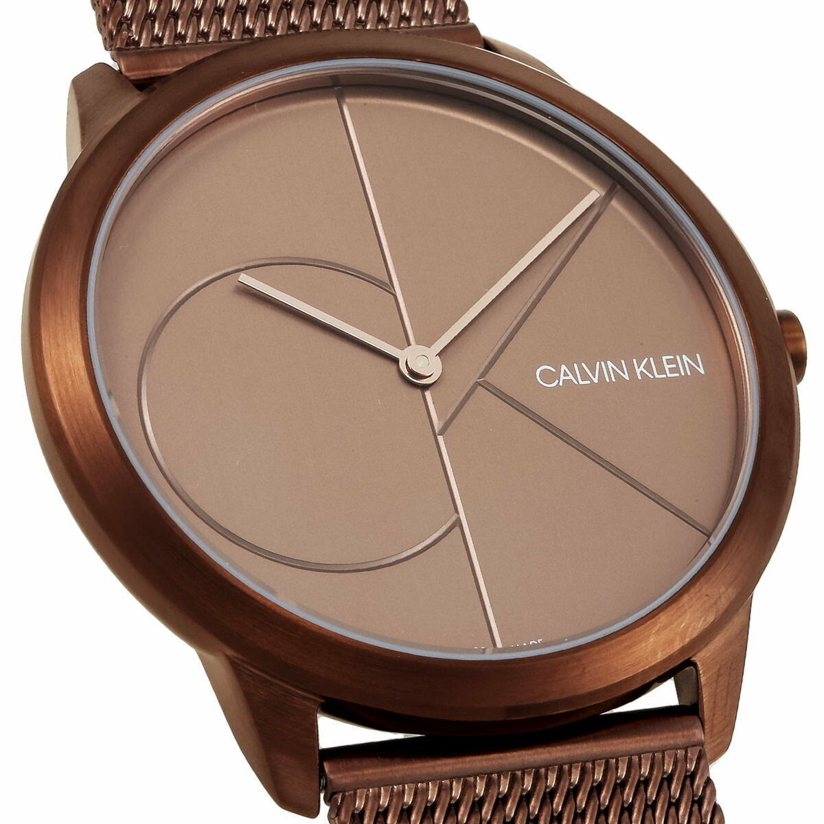 Close-up of Calvin Klein K3M11TFK dial showing geometric design and hands