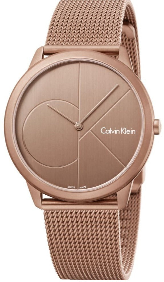 Calvin Klein Minimal pink gold quartz watch with mesh bracelet, geometric dial design