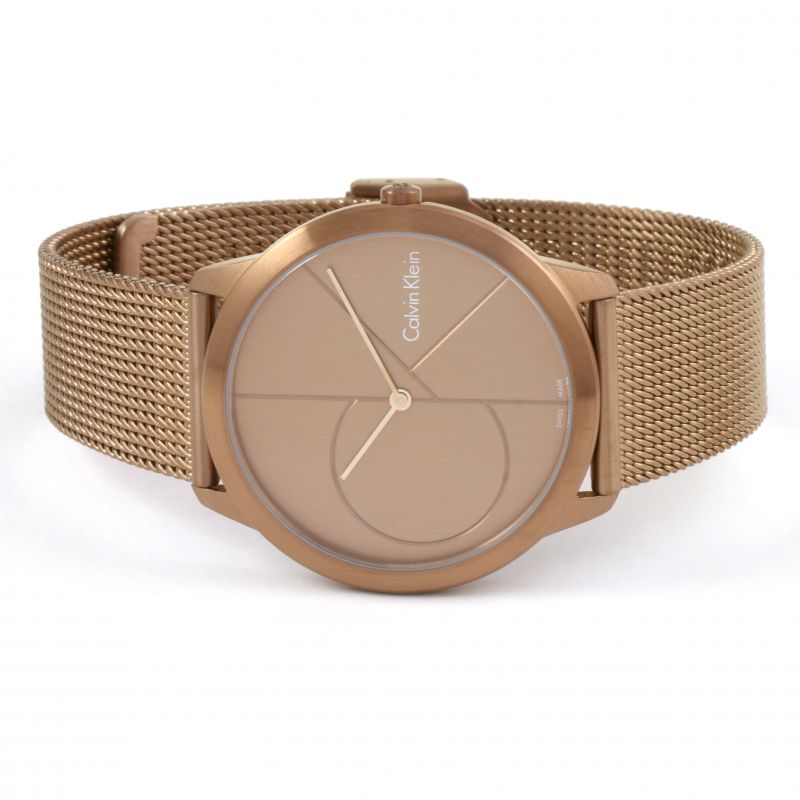 Calvin Klein K3M11TFK pink gold watch on wrist with mesh bracelet visible