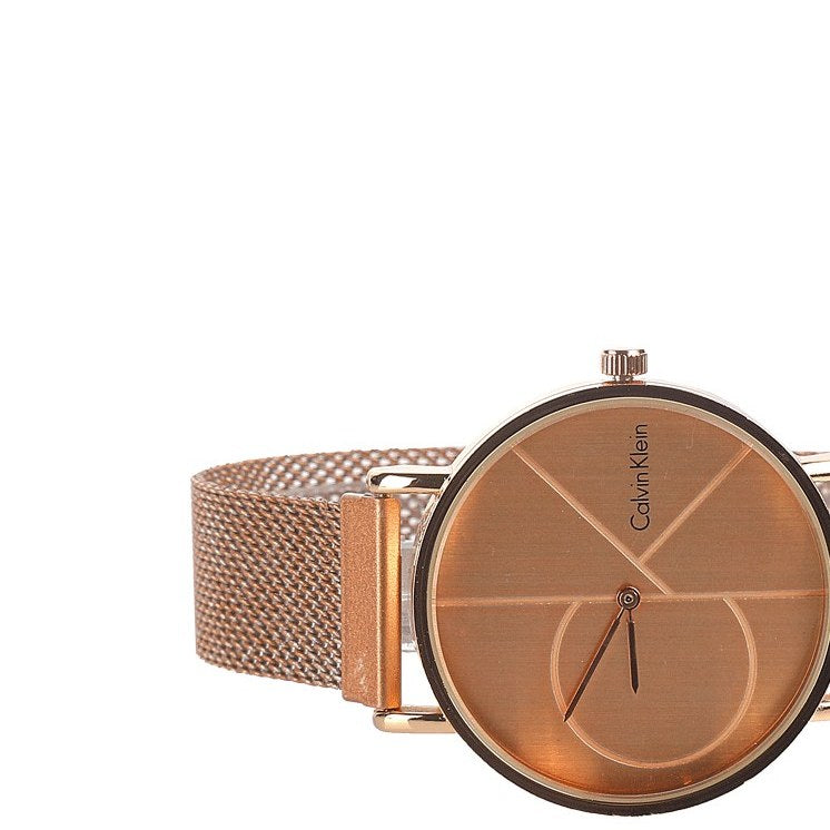 Side view of Calvin Klein K3M11TFK showing pink gold case and mesh band