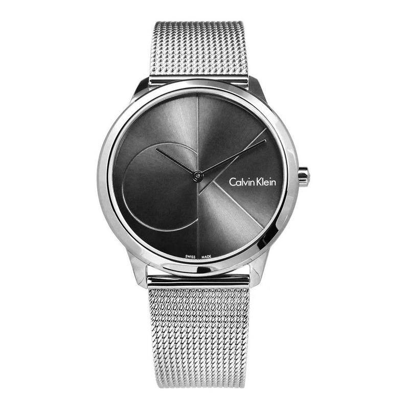 Calvin Klein K3M21123 front view showing geometric dial design and mesh band
