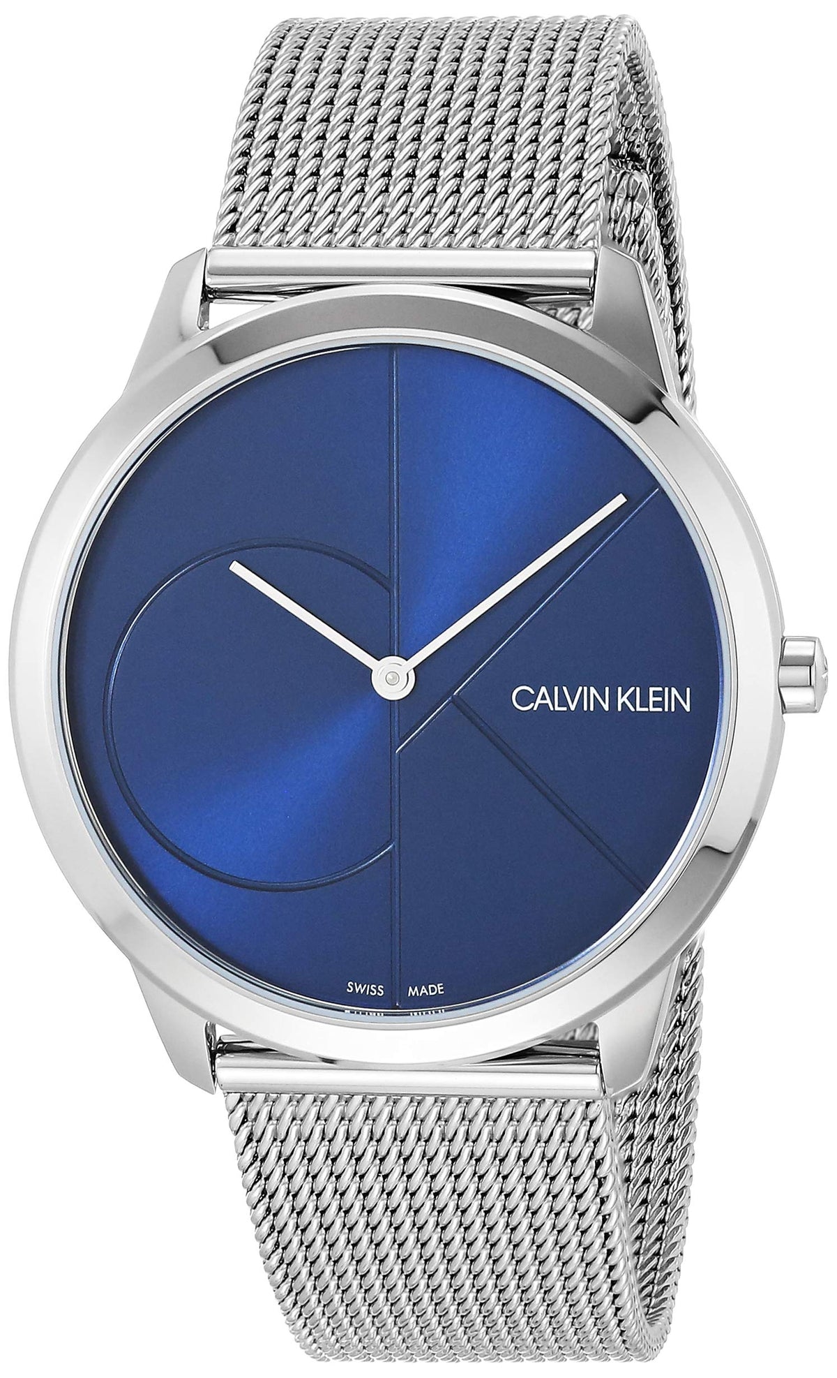 Calvin Klein Minimal unisex watch with blue dial, geometric design, and silver case