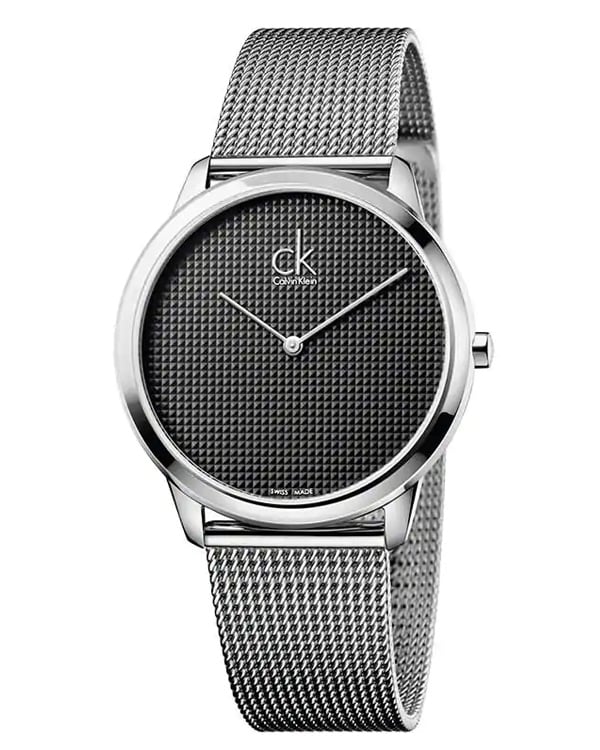 Calvin Klein K3M2112X watch with black dial and silver mesh bracelet