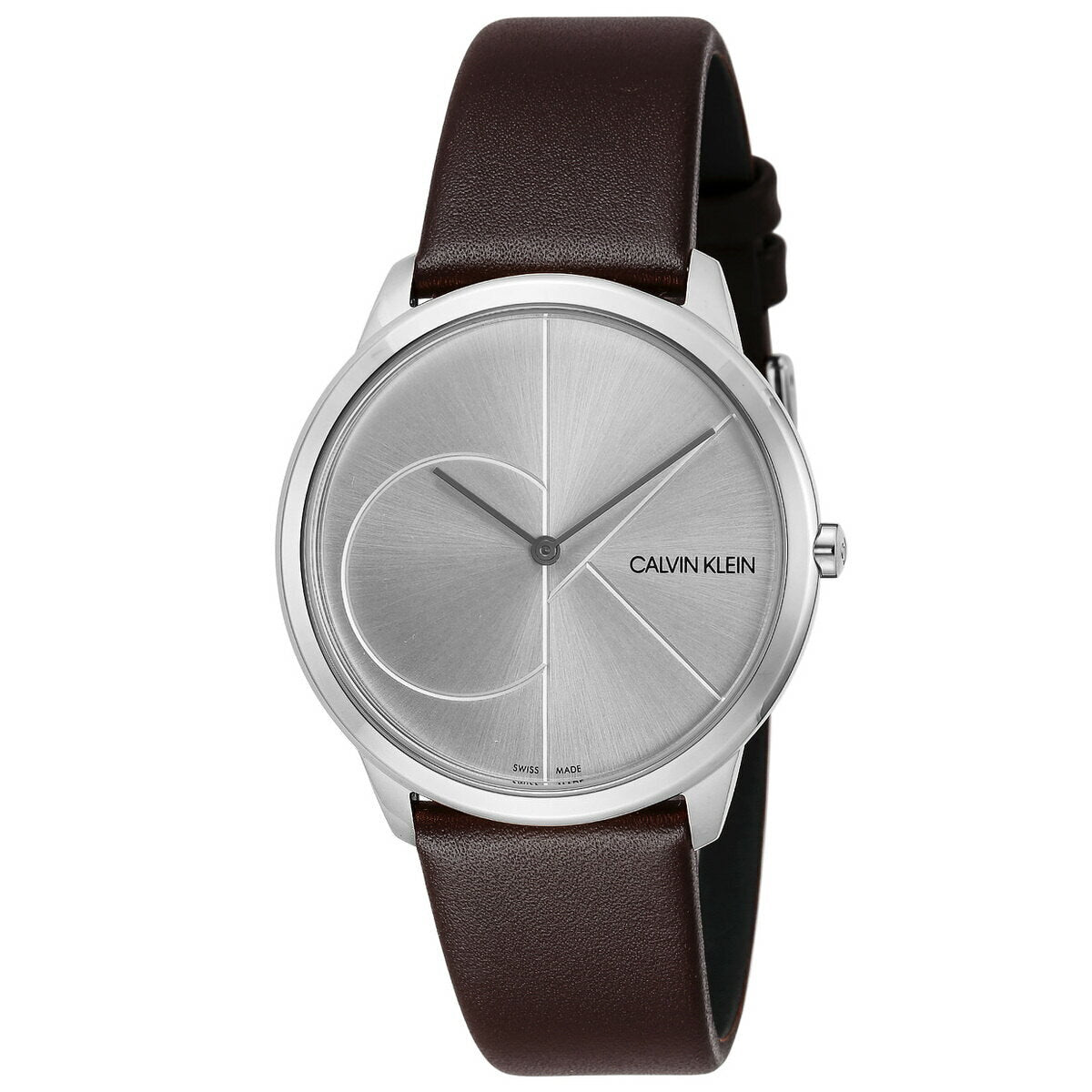 Calvin Klein K3M211G6 watch angled view showing silver dial and brown strap
