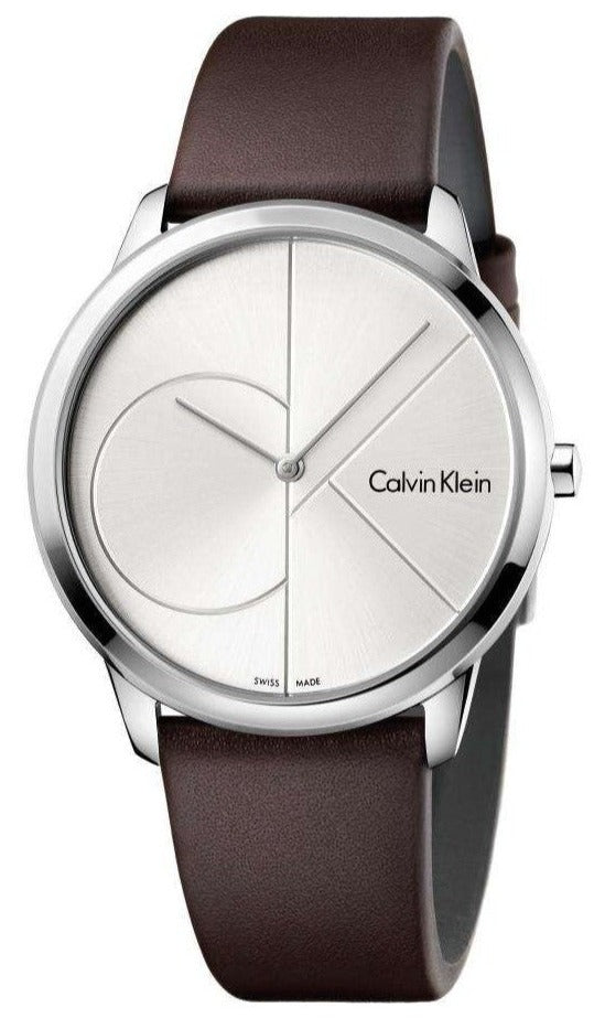 Calvin Klein men's quartz watch with silver dial and brown leather strap