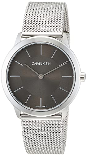 Calvin Klein Minimal watch K3M22124 featuring grey dial, white dial markers, and silver mesh band
