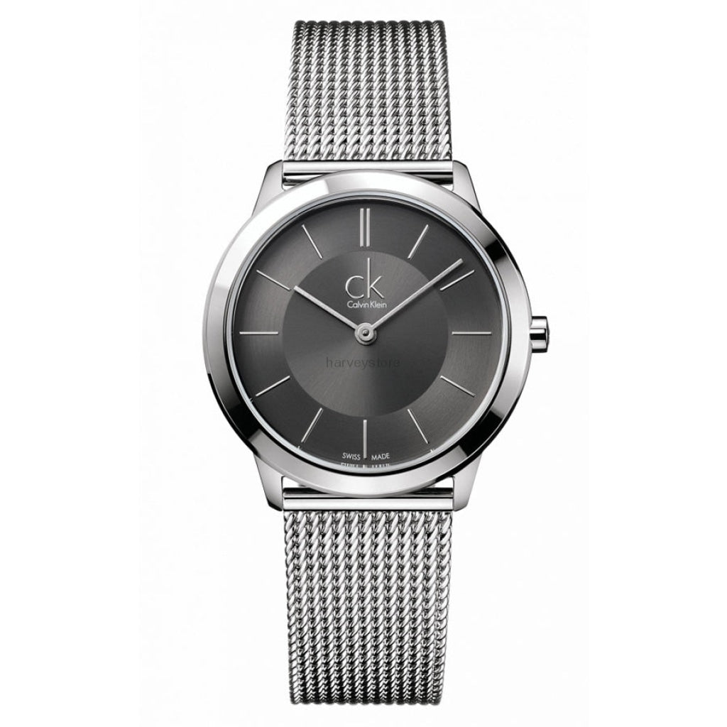 Calvin Klein K3M22124 Minimal watch with dark grey dial and silver mesh band, frontal view