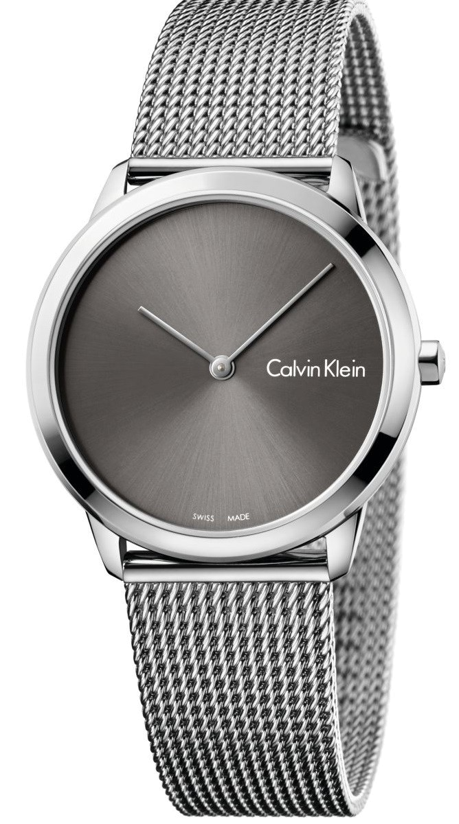 Calvin Klein Minimal watch with grey dial and silver mesh bracelet, front view