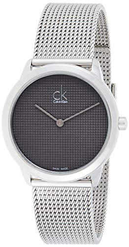 Calvin Klein K3M2212X minimalist watch with dark dial and steel mesh strap, front view