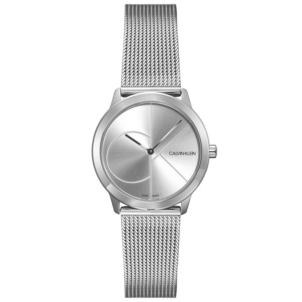 Calvin Klein K3M2212Z minimal watch front view with geometric silver dial