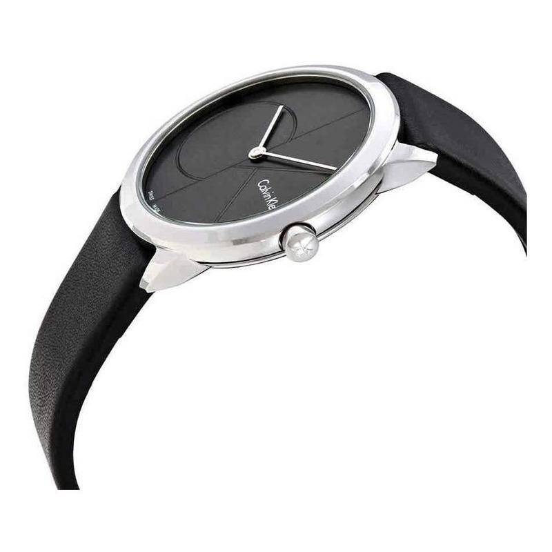 Calvin Klein K3M221C3 watch angled side view with grey dial and black leather strap