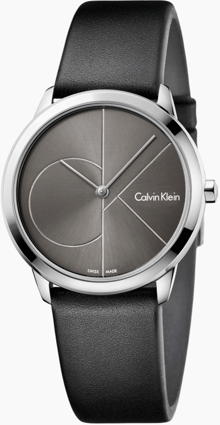 Calvin Klein Minimal watch with grey dial and black leather strap, front view