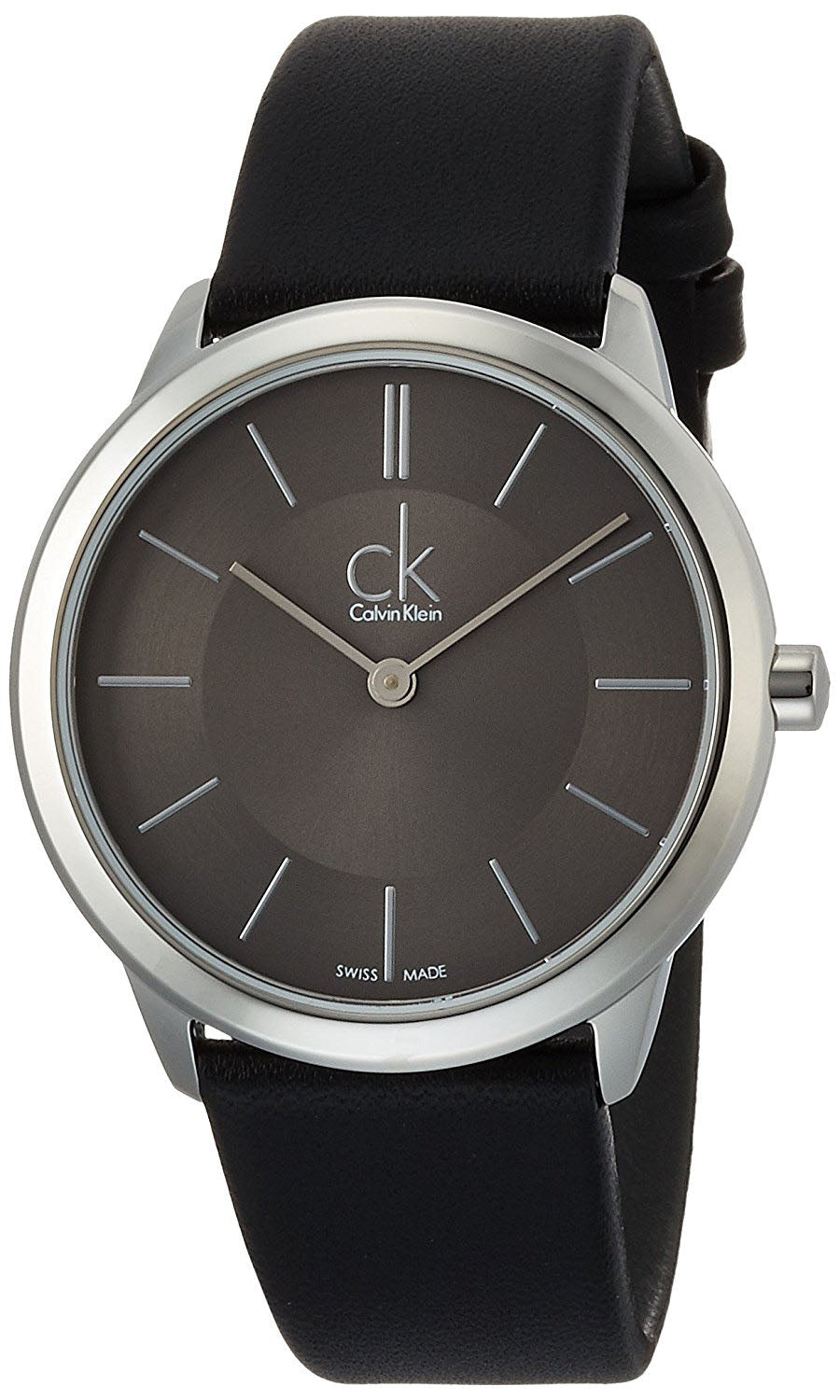 Calvin Klein minimal watch featuring grey dial and black leather band
