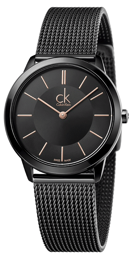 Calvin Klein minimal women's watch with black dial, rose gold indices and hands, black mesh strap