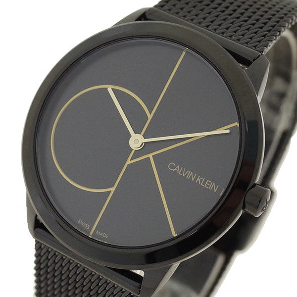 Close-up of Calvin Klein Minimal watch dial with geometric design and gold accents