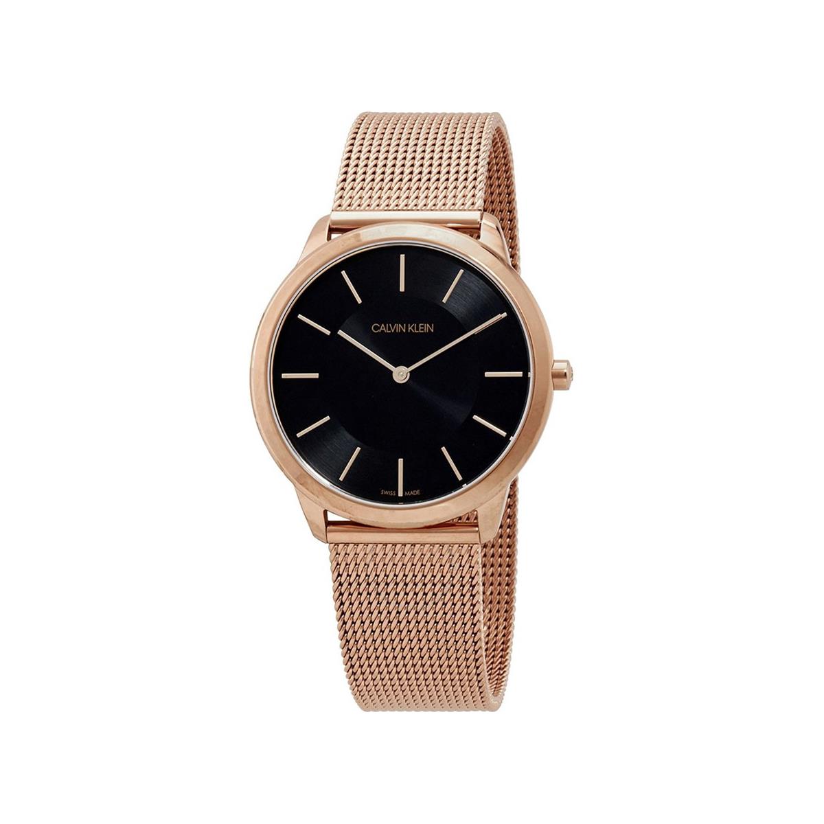 Calvin Klein K3M2262Y ladies watch with round black dial and rose gold mesh band
