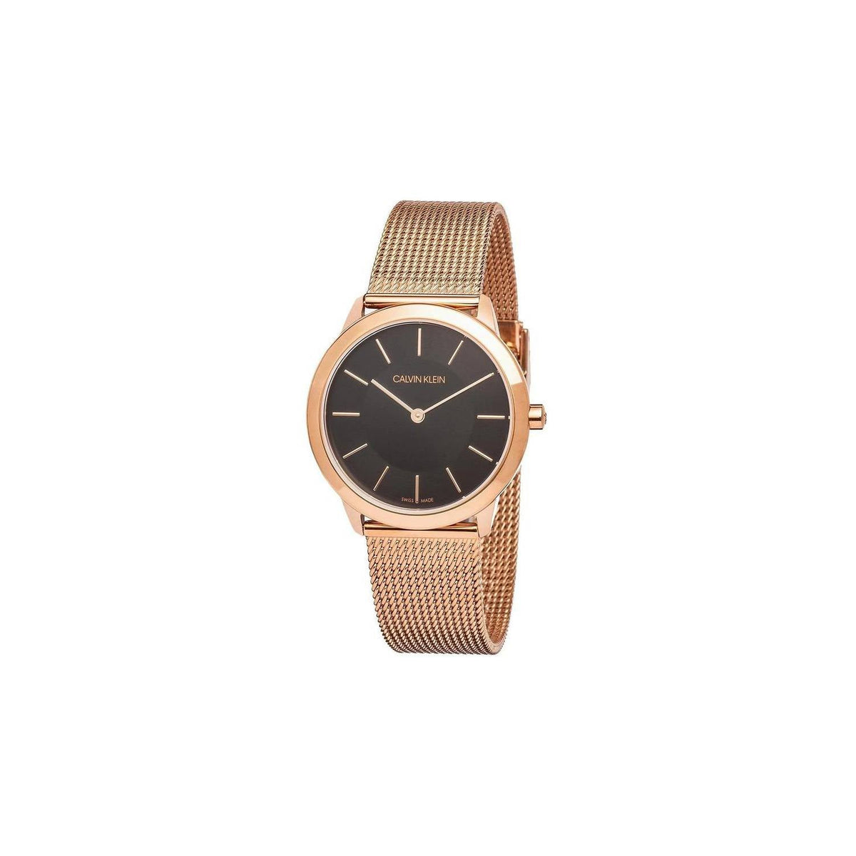 Calvin Klein Minimal watch K3M2262Y worn on wrist, showing rose gold case and mesh strap