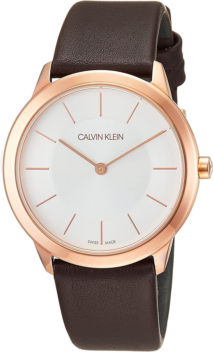 Calvin Klein Minimal ladies watch with silver dial, rose gold case, and brown leather strap