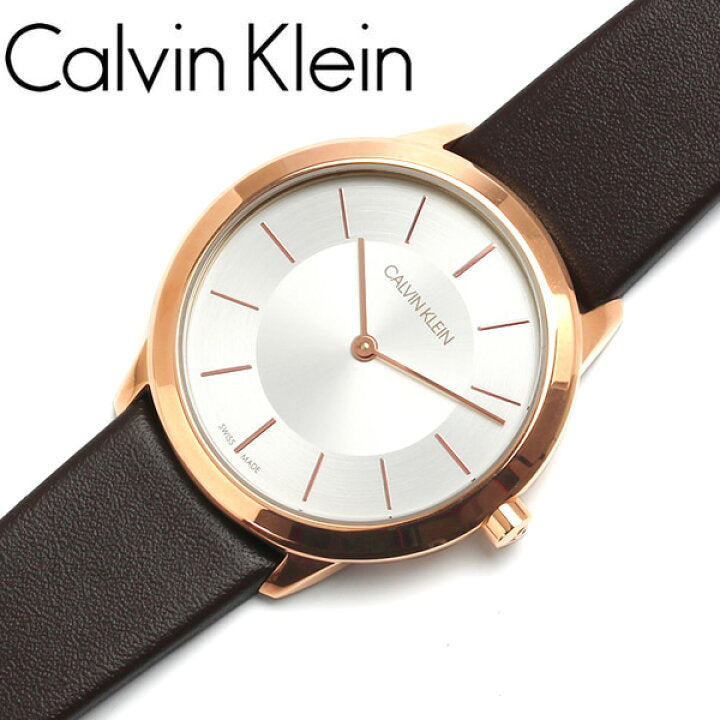 Calvin Klein Minimal ladies watch on wrist with silver dial and rose gold case detail