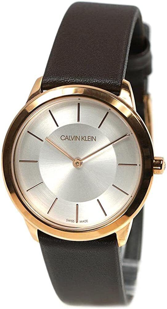 Side view of Calvin Klein Minimal watch with rose gold case and brown leather strap