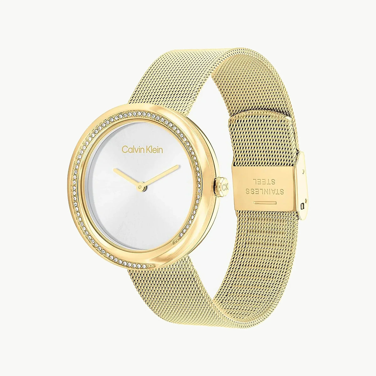 Calvin Klein white dial watch with gold mesh strap on wrist angle view