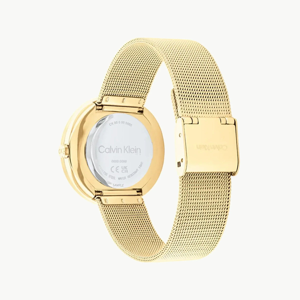 Gold mesh bracelet and case back of Calvin Klein women's watch