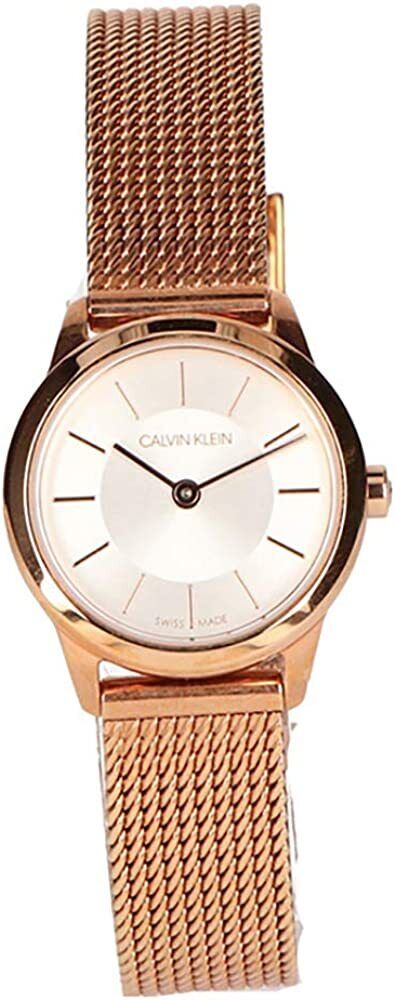 Calvin Klein K3M23626 front view showing silver dial with rose gold case and mesh strap
