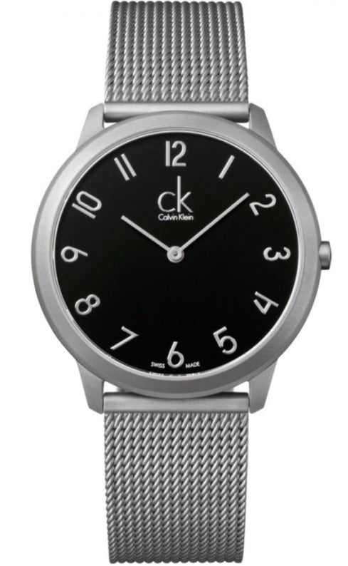 Calvin Klein Minimal black dial watch with silver mesh strap and Arabic numerals